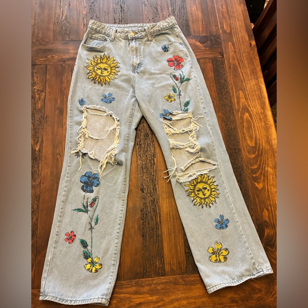 Women's Painted Floral Sunshine Ripped Jeans Size 8/10 Large Boho Artsy Unique L